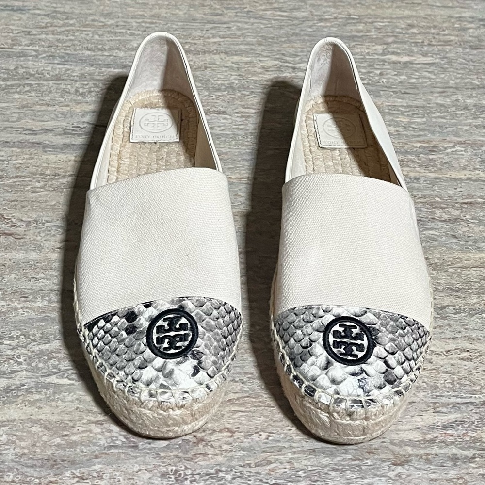 Tory Burch Beige Platform Espadrille Canvas Nappa Leather Stamped Snake Printed